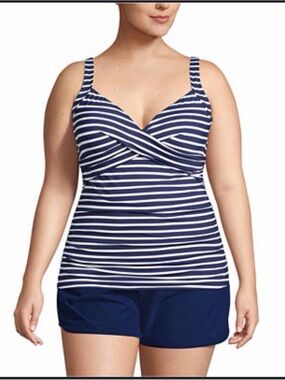 Lands’ End Plus Size Tankini Top Navy White Stripe Twist Front 20W DD Control